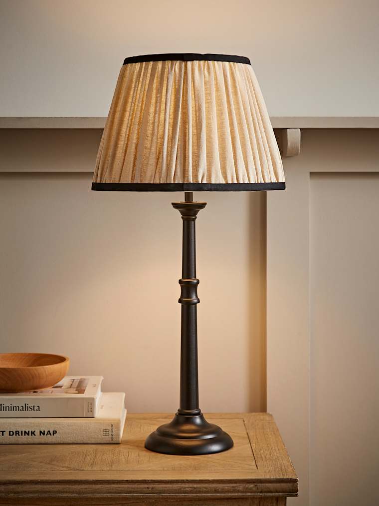 Black Candlestick Table Lamp with Pleated Linen Shade