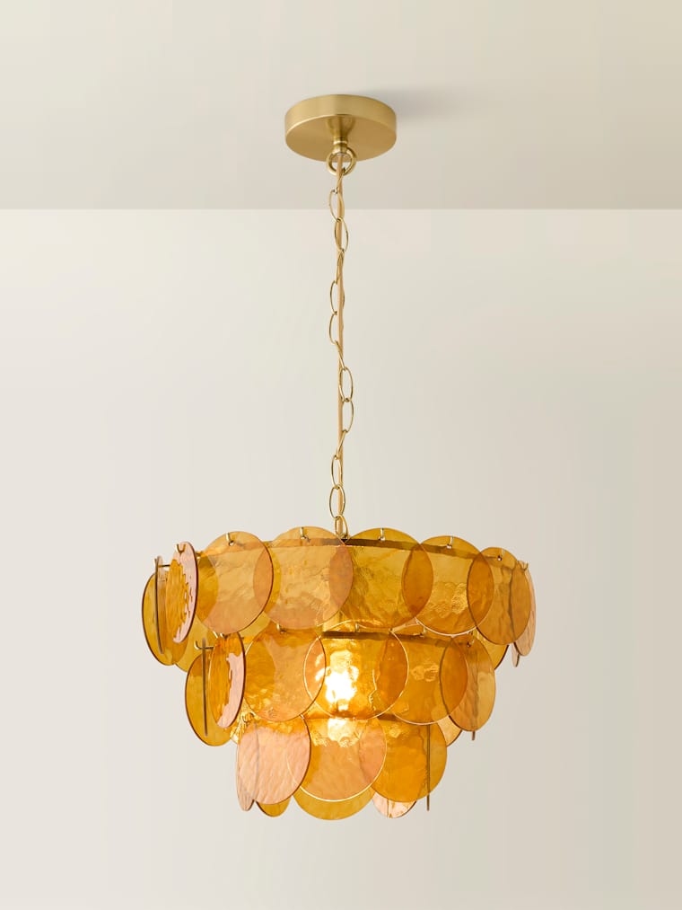 3 Tier Brushed Gold and Orange Glass Chandelier