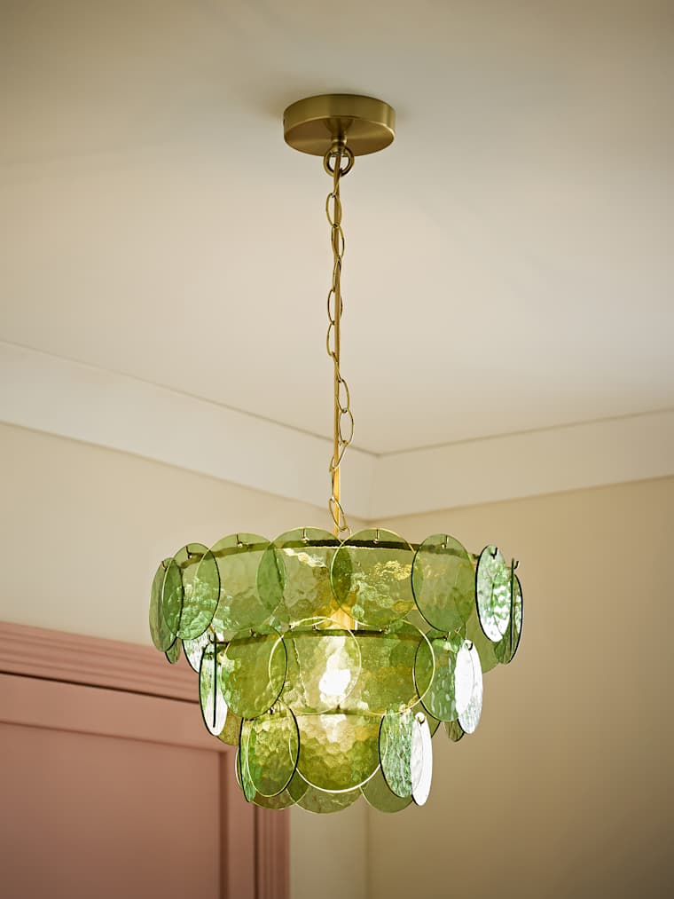 3-Tier Brushed Gold and Green Glass Chandelier