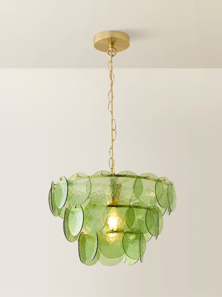 3-Tier Brushed Gold and Green Glass Chandelier