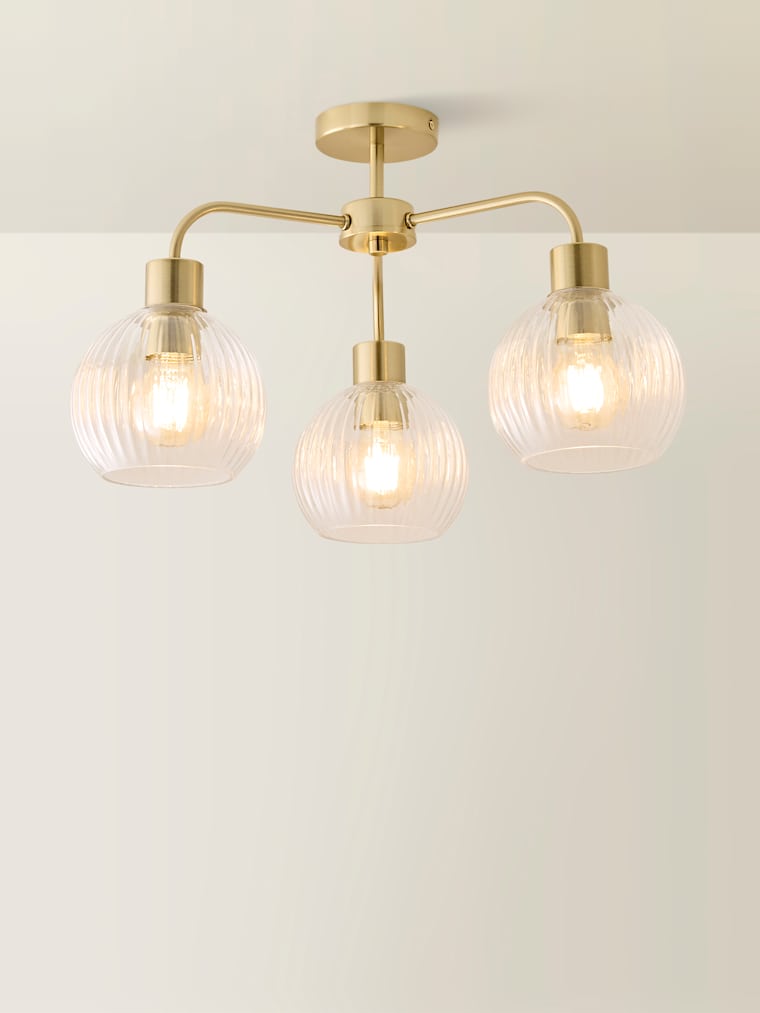 Brushed Gold 3-Way Ceiling Light with Ribbed Glass Shades