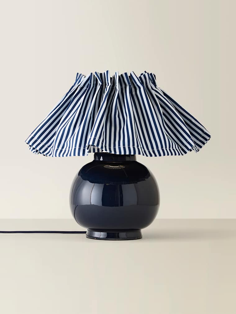 Navy Ceramic Table Lamp with Pinstripe Skirt Shade