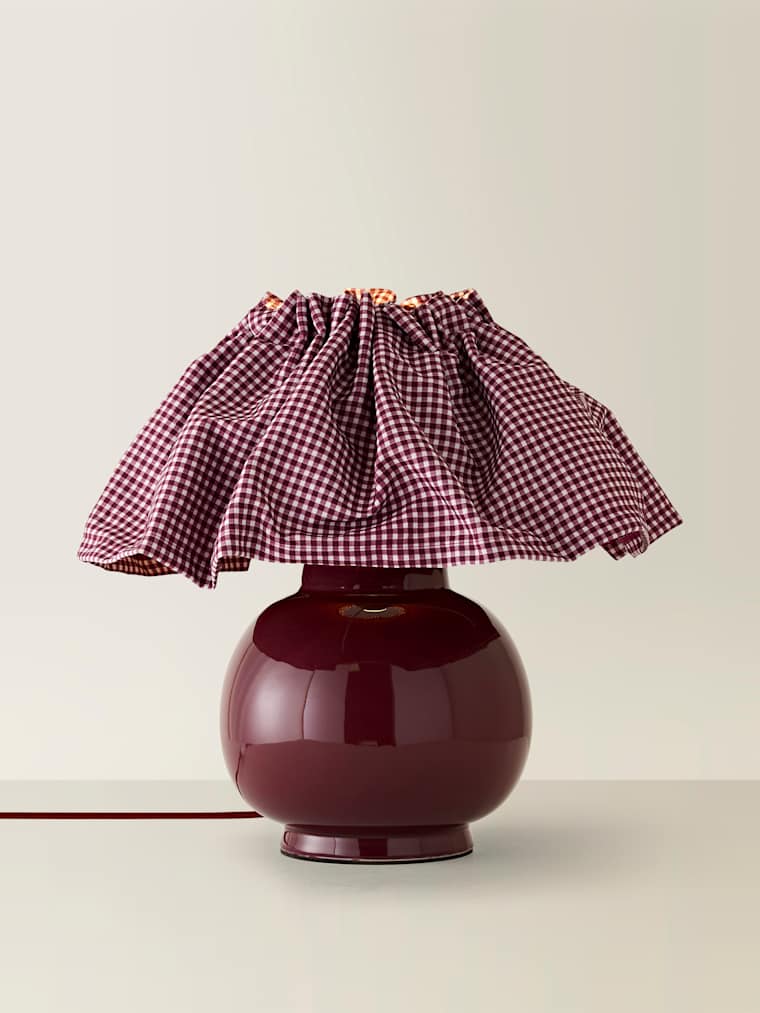 Burgundy Ceramic Table Lamp with Pleated Gingham Shade