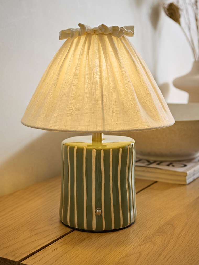 Green Stripe Ceramic Rechargeable Table Lamp with Ruffle Shade