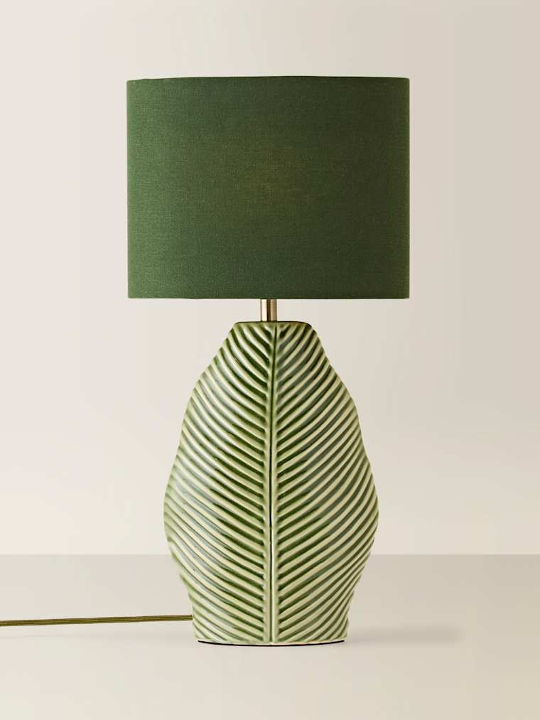 Forest Green Embossed Leaf Ceramic Table Lamp with Oval Shade