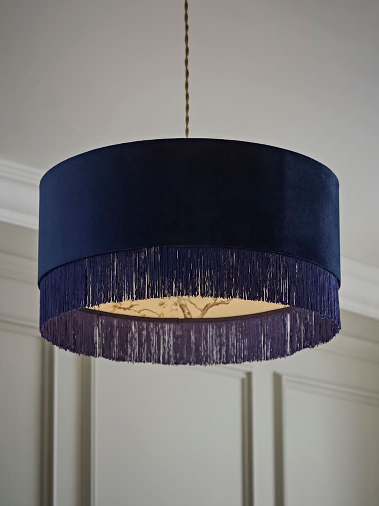 Large Navy Velvet Floral Print Fringe Trim Drum Shade 45cm