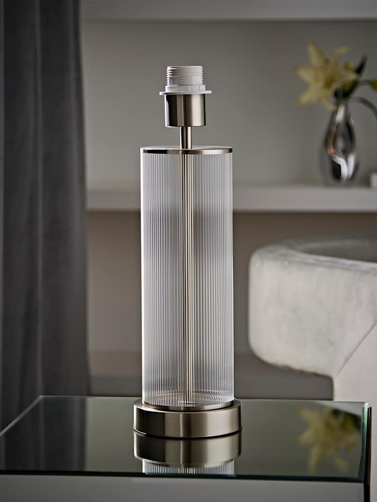 Brushed Chrome Ribbed Glass Table Lamp with Charcoal and Chrome Inner Drum Shade