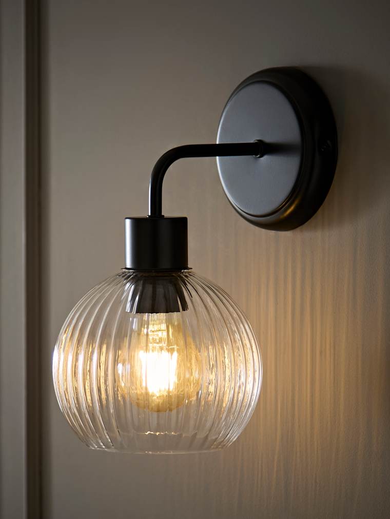 Matte Black Ribbed Dome Glass Semi Flush Wall Light