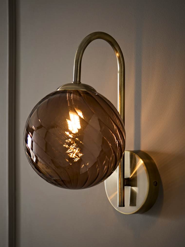 Brushed Brass Brown Twill Glass Semi Flush Wall Light