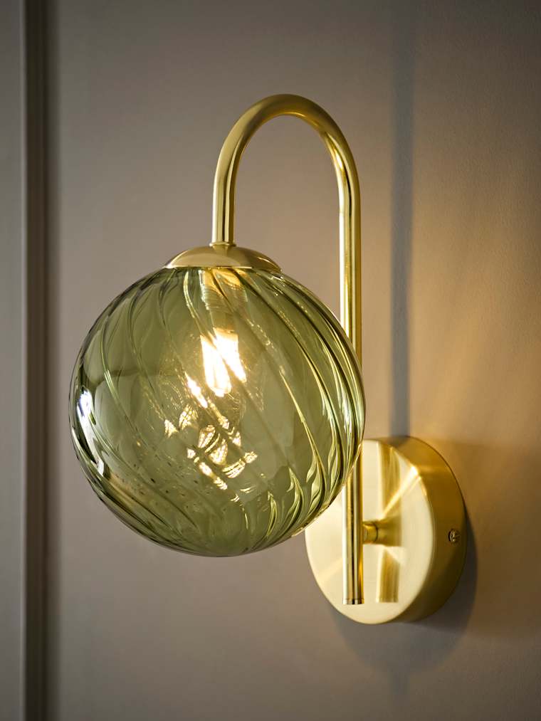 Pair of Brushed Gold Green Twill Glass Semi Flush Wall Lights