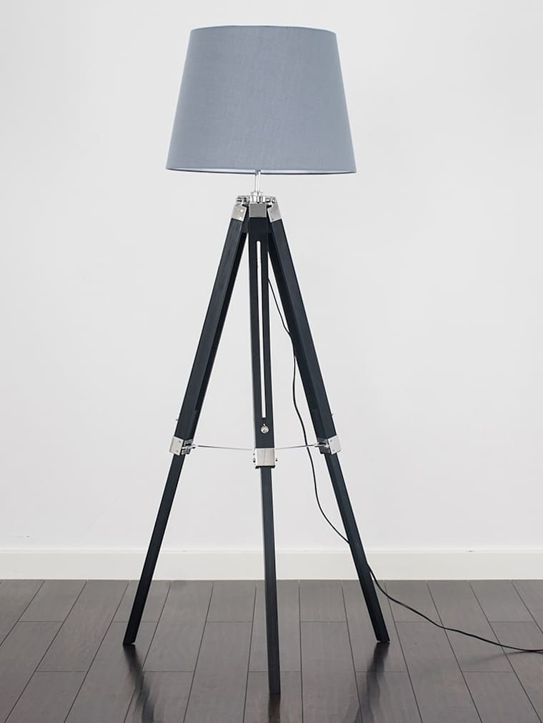 Black and Chrome Tripod Floor Lamp with Grey Shade