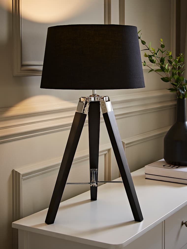 Black and Chrome Tripod Table Lamp with Black Shade
