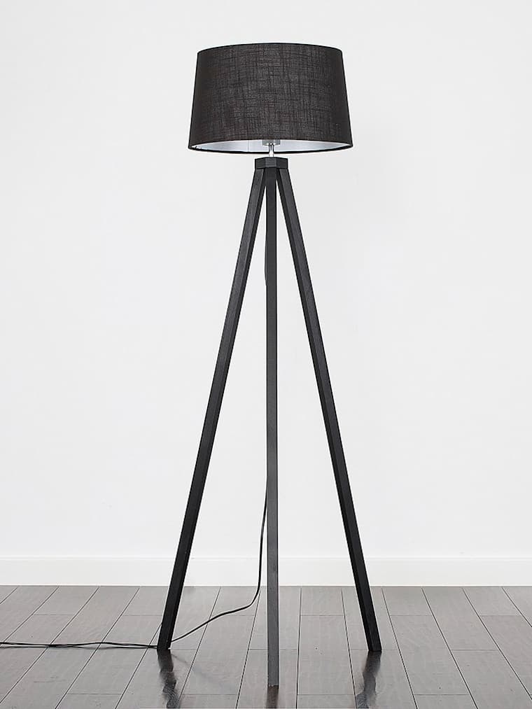 Black Wood Tripod Floor Lamp with Large Black linen-look Shade