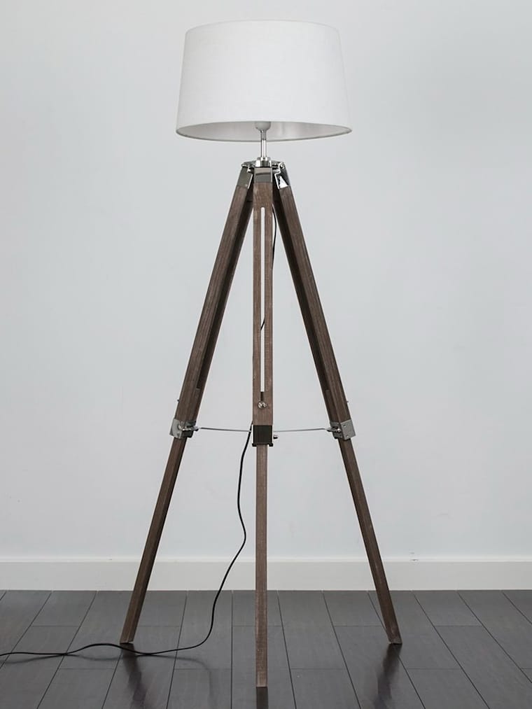 Light Wood Tripod Floor Lamp with White Shade