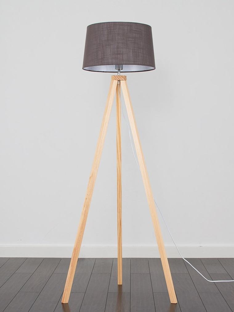 Light Wood Tripod Floor Lamp with Large Dark Grey linen-look Shade