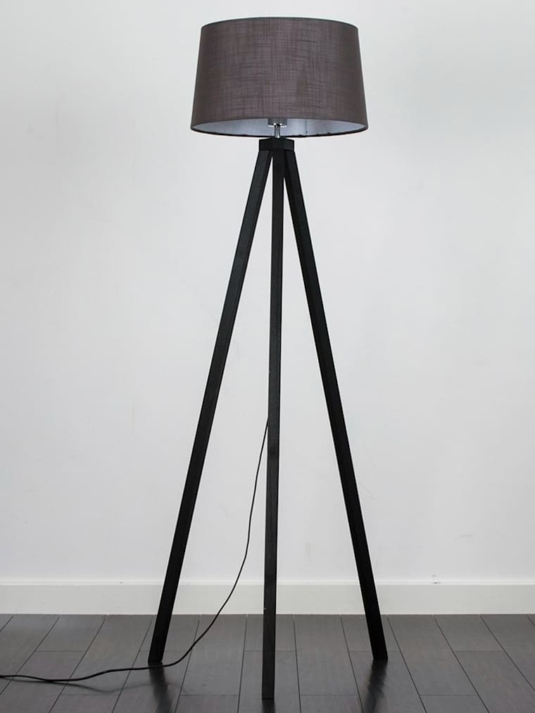 Black Wood Tripod Floor Lamp with Large Dark Grey linen-look Shade