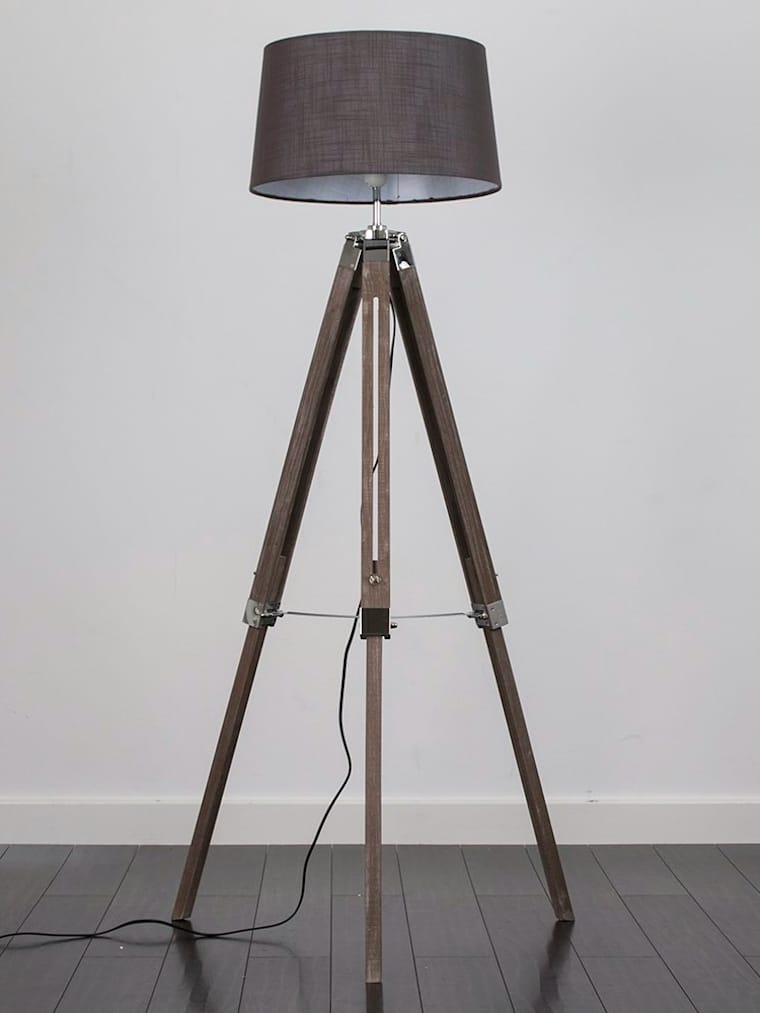 Light Wood Tripod Floor Lamp with Dark Grey Shade