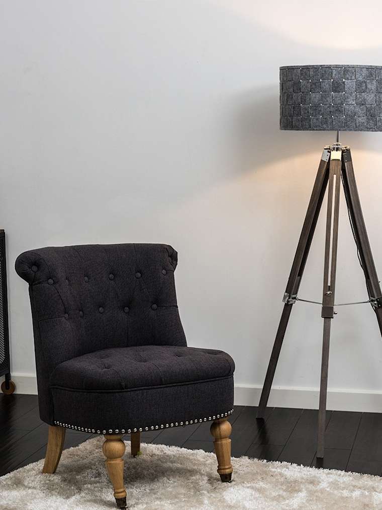 Light Wood and Chrome Tripod Floor Lamp with XL Grey Shade