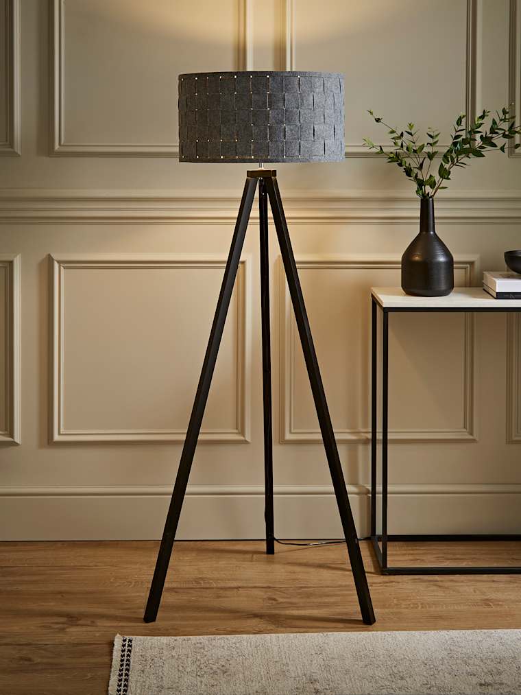 Black Wood Tripod Floor Lamp with Large Grey Woven Fabric Shade