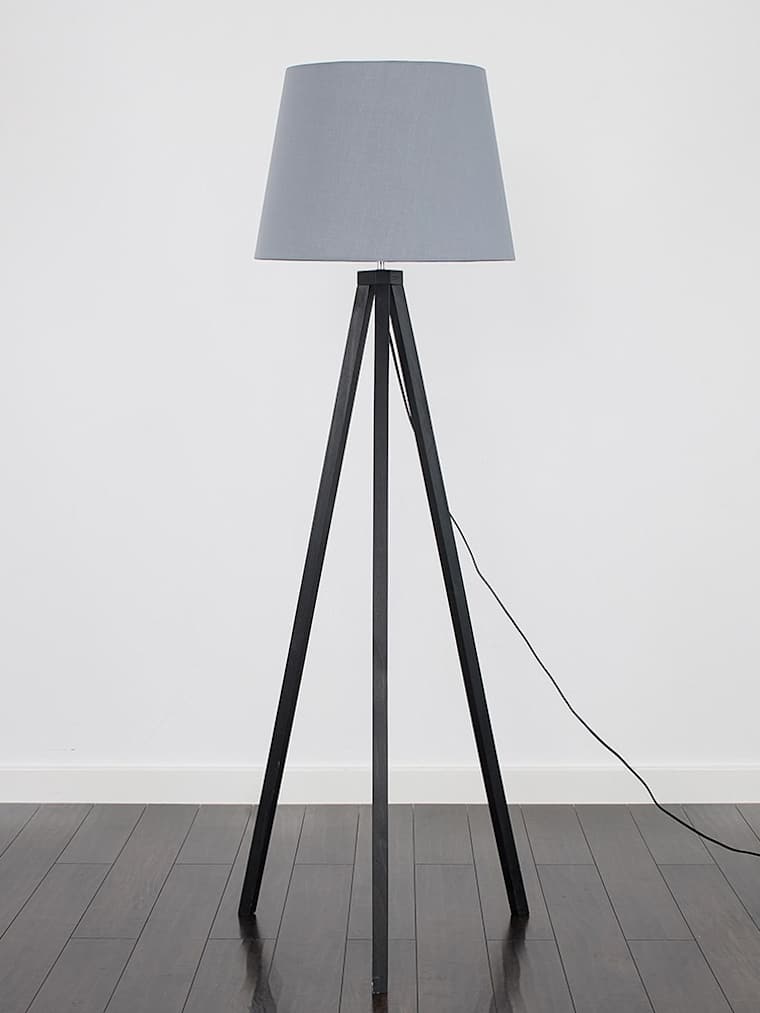 Black Wood Tripod Floor Lamp with Large Grey Tapered Shade