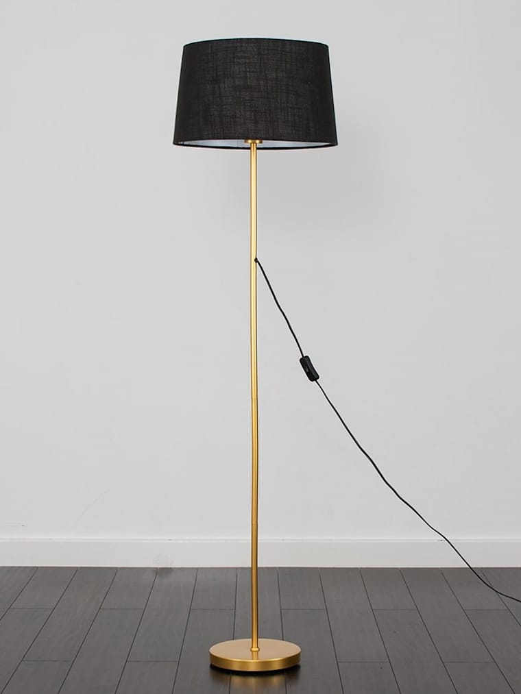 Brushed Gold Floor Lamp with Black Drum Shade