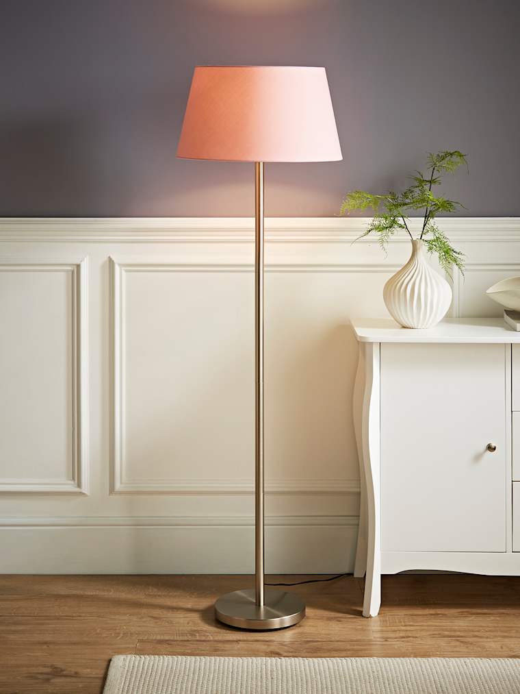 Brushed Chrome Floor Lamp with Pink Tapered Shade