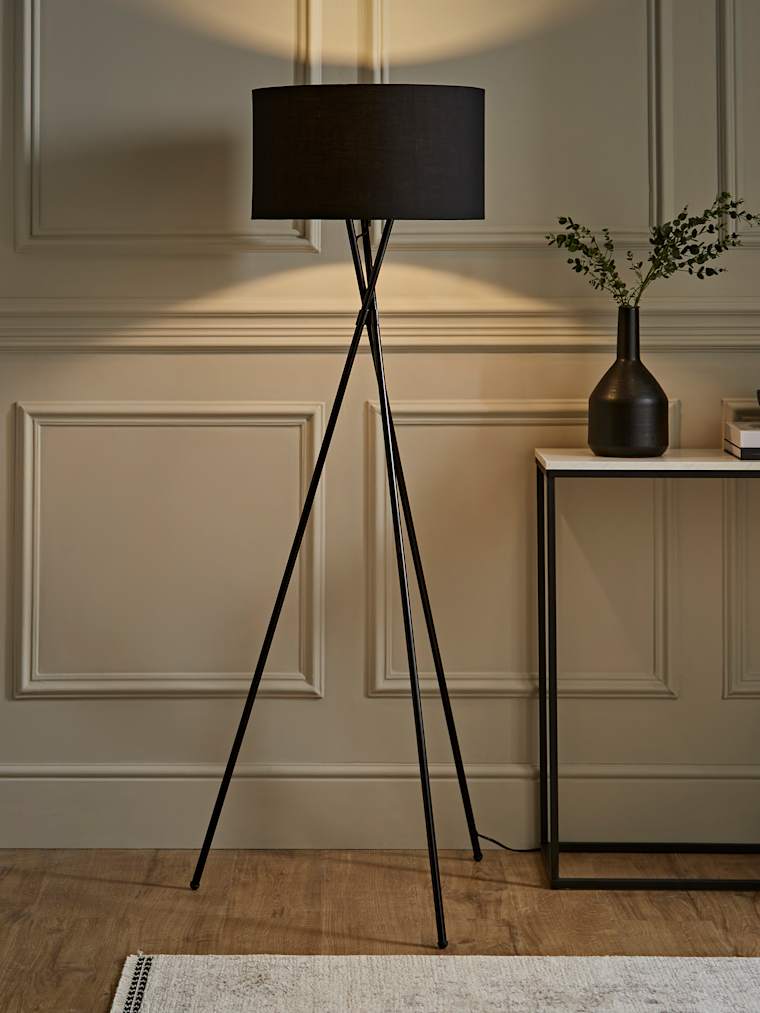 Black Tripod Floor Lamp with Large Black Shade