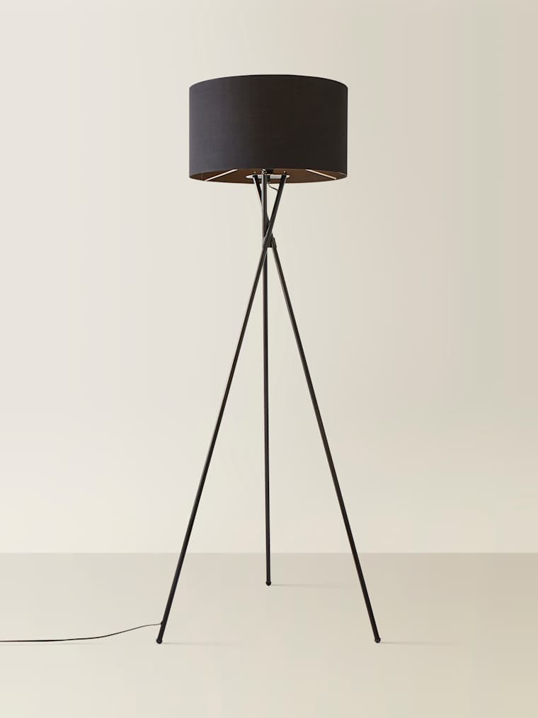 Black Tripod Floor Lamp with Large Black Shade