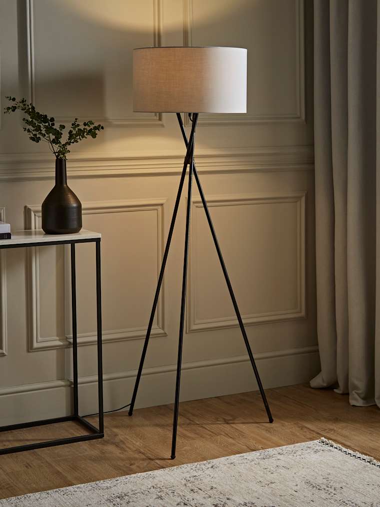 Black Tripod Floor Lamp with Large Grey Shade