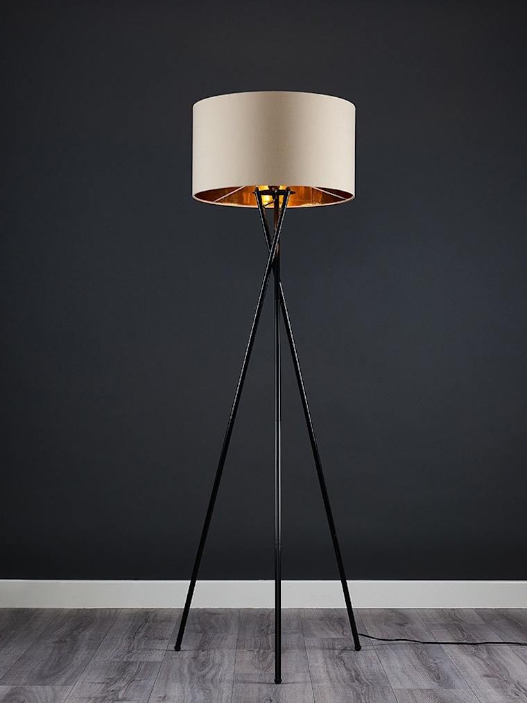 Black Tripod Floor Lamp with Large Fawn and Gold Shade