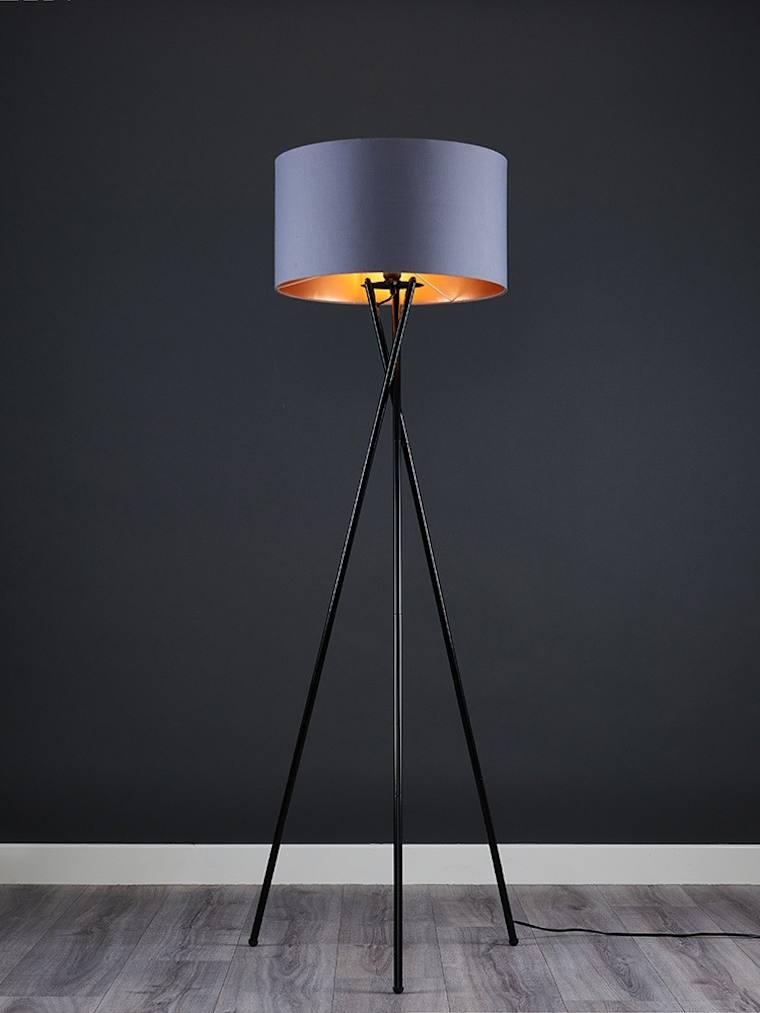 Black Tripod Floor Lamp with Large Grey and Copper Shade