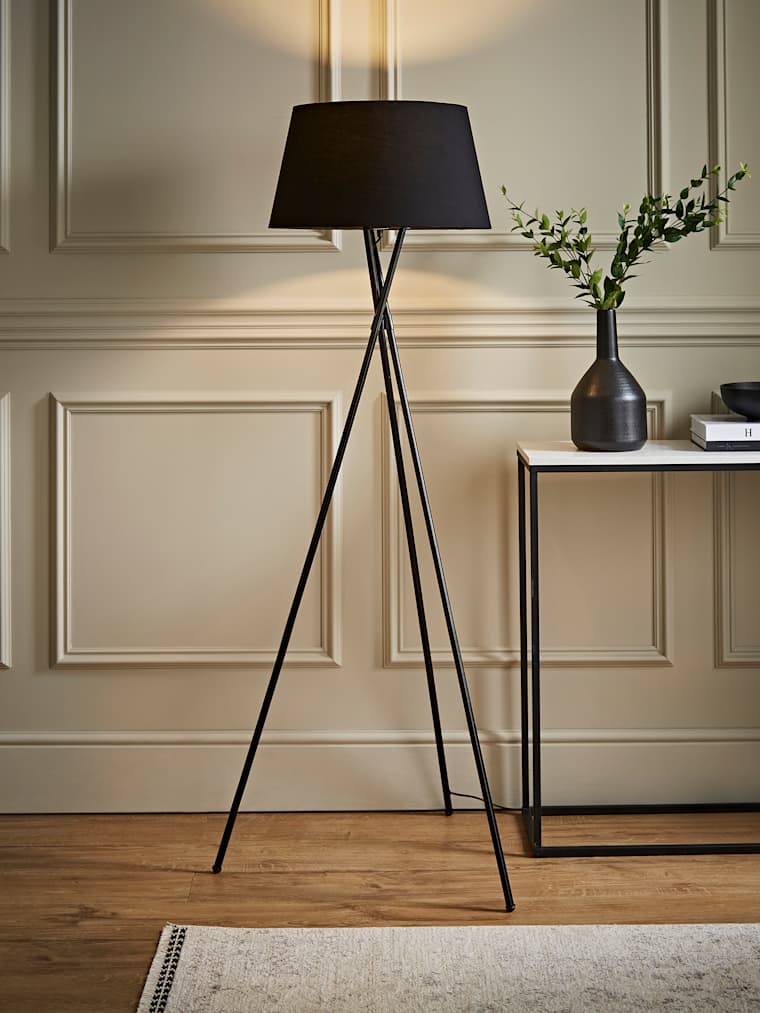 Black Tripod Floor Lamp with Large Black Tapered Shade