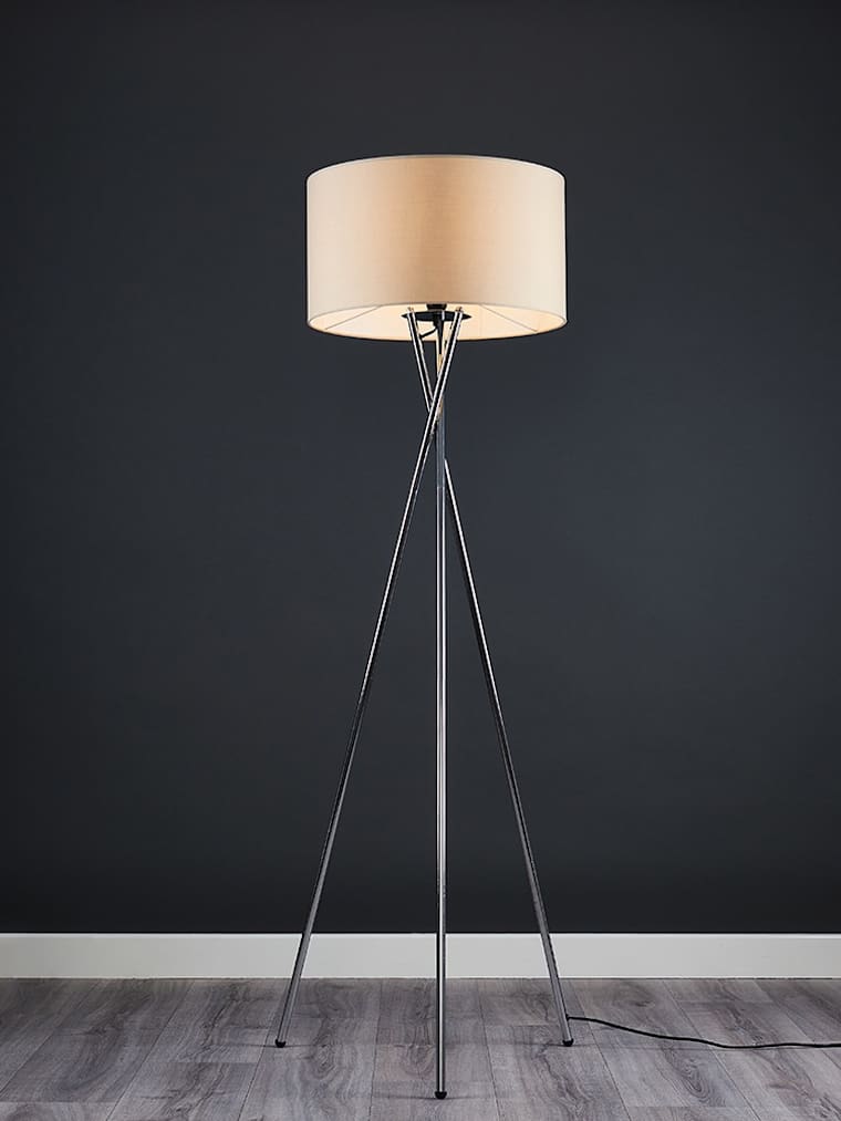 Chrome Tripod Floor Lamp with Large Cream Shade
