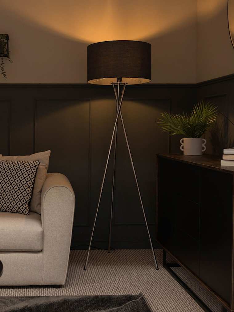 Chrome Tripod Floor Lamp with Large Charcoal Shade