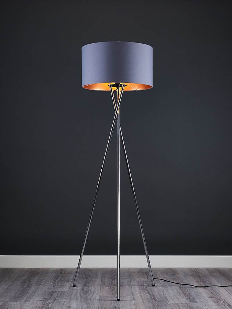Chrome Tripod Floor Lamp with Large Grey and Copper Shade