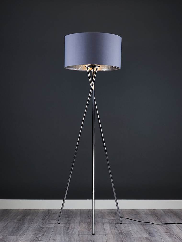 Chrome Tripod Floor Lamp with Large Grey and Chrome Shade