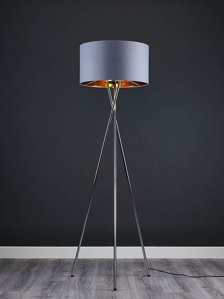 Chrome Tripod Floor Lamp with Large Grey and Gold Shade