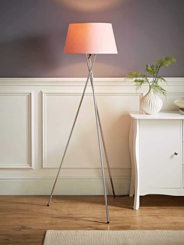 Chrome Tripod Floor Lamp with Large Pink Tapered Shade