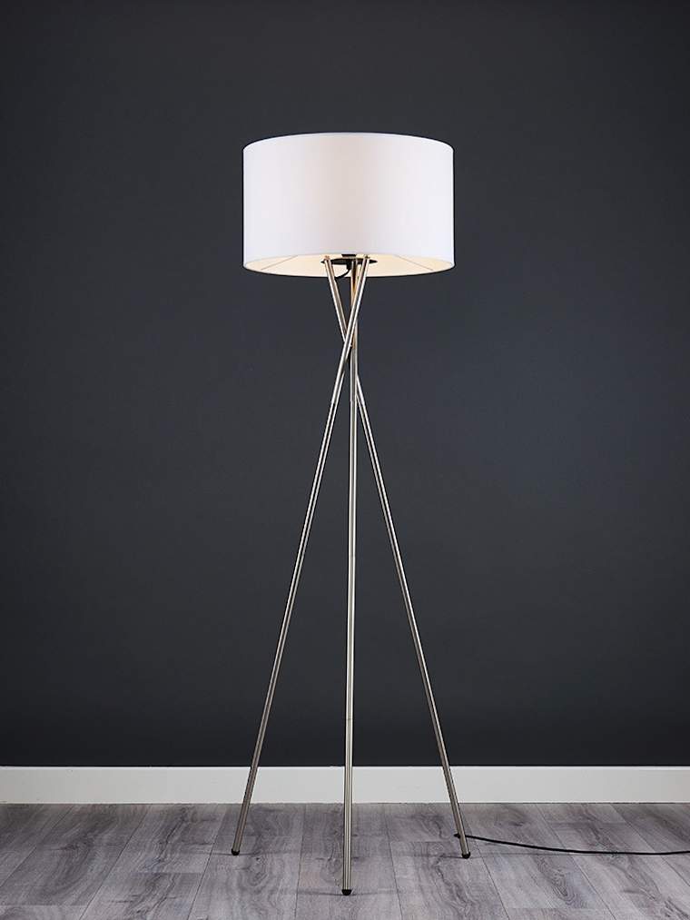 Brushed Chrome Tripod Floor Lamp with Large White Shade