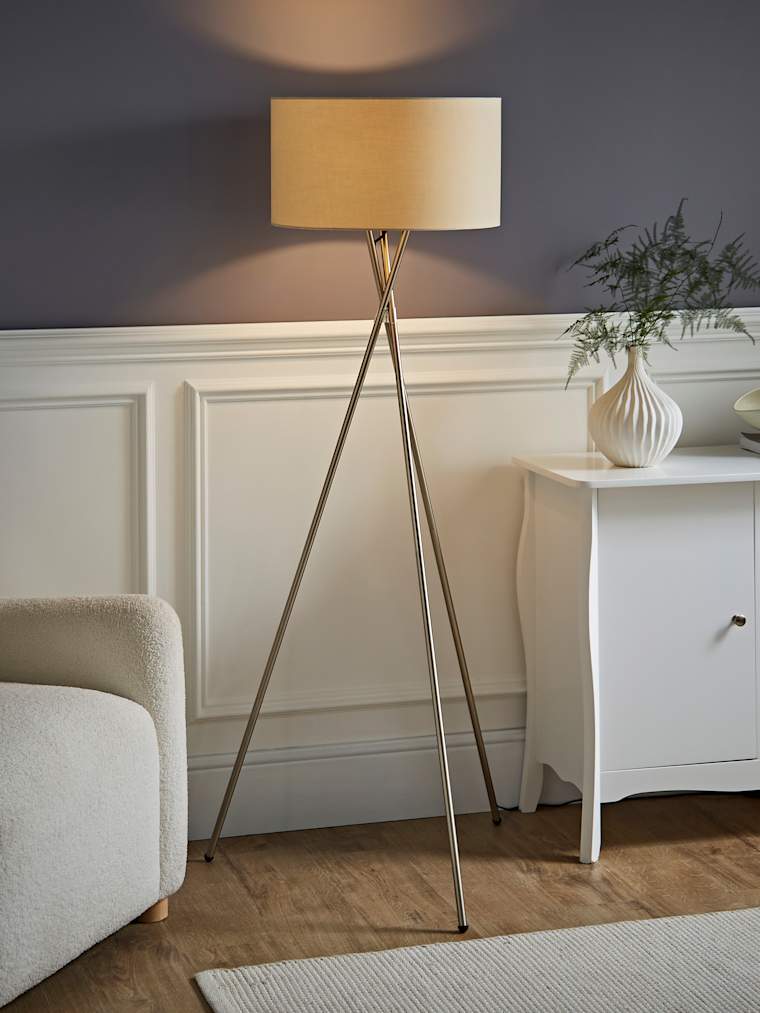 Brushed Chrome Tripod Floor Lamp with Large Cream Shade