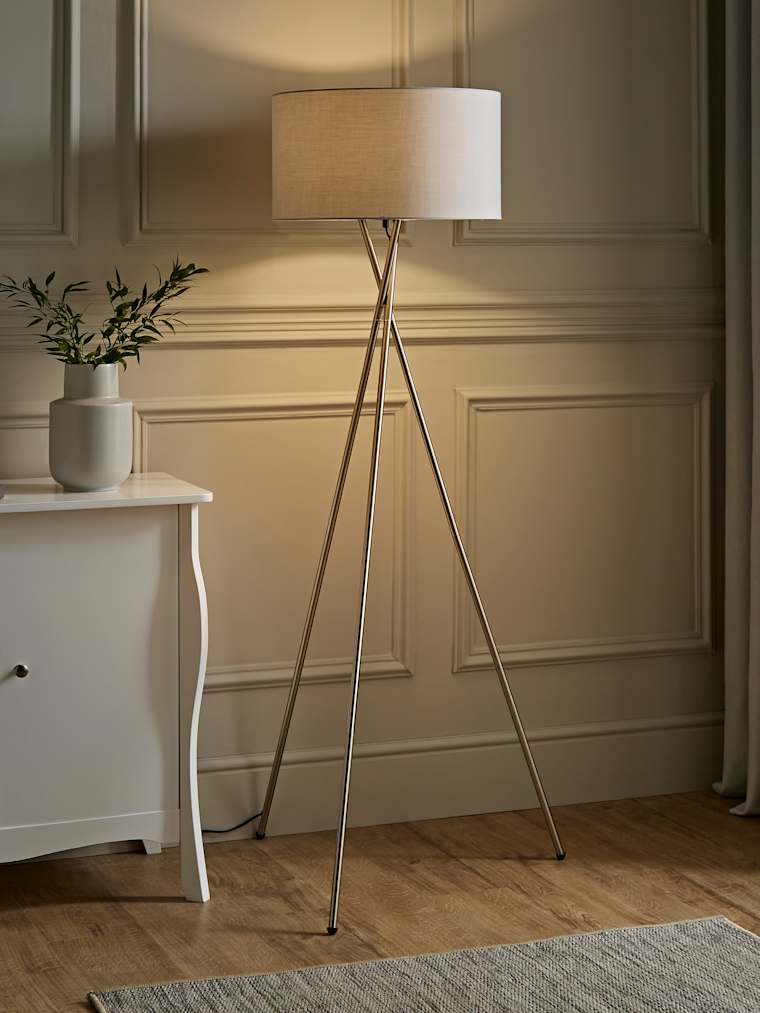 Brushed Chrome Tripod Floor Lamp with Large Grey Shade