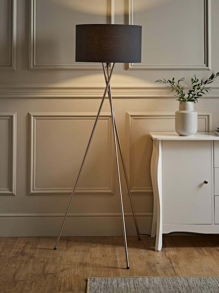 Brushed Chrome Tripod Floor Lamp with Large Charcoal Shade
