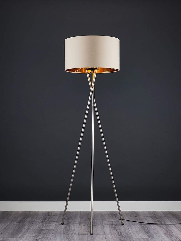 Brushed Chrome Tripod Floor Lamp with Large Beige and Gold Shade