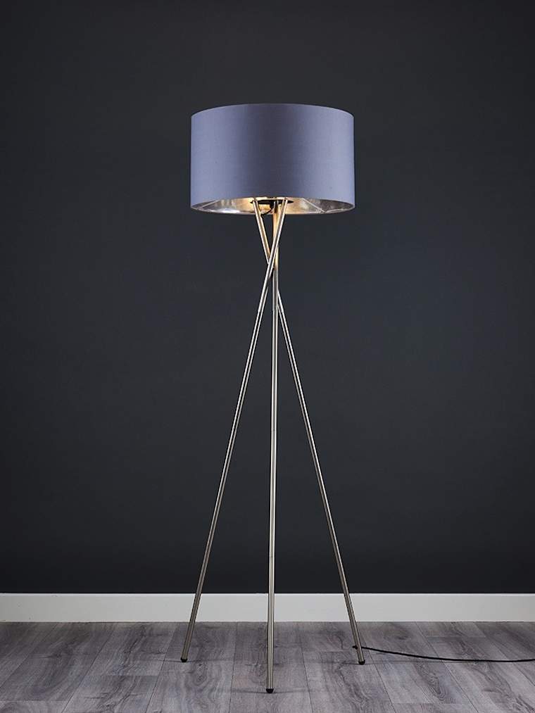 Brushed Chrome Tripod Floor Lamp with Large Grey and Chrome Shade