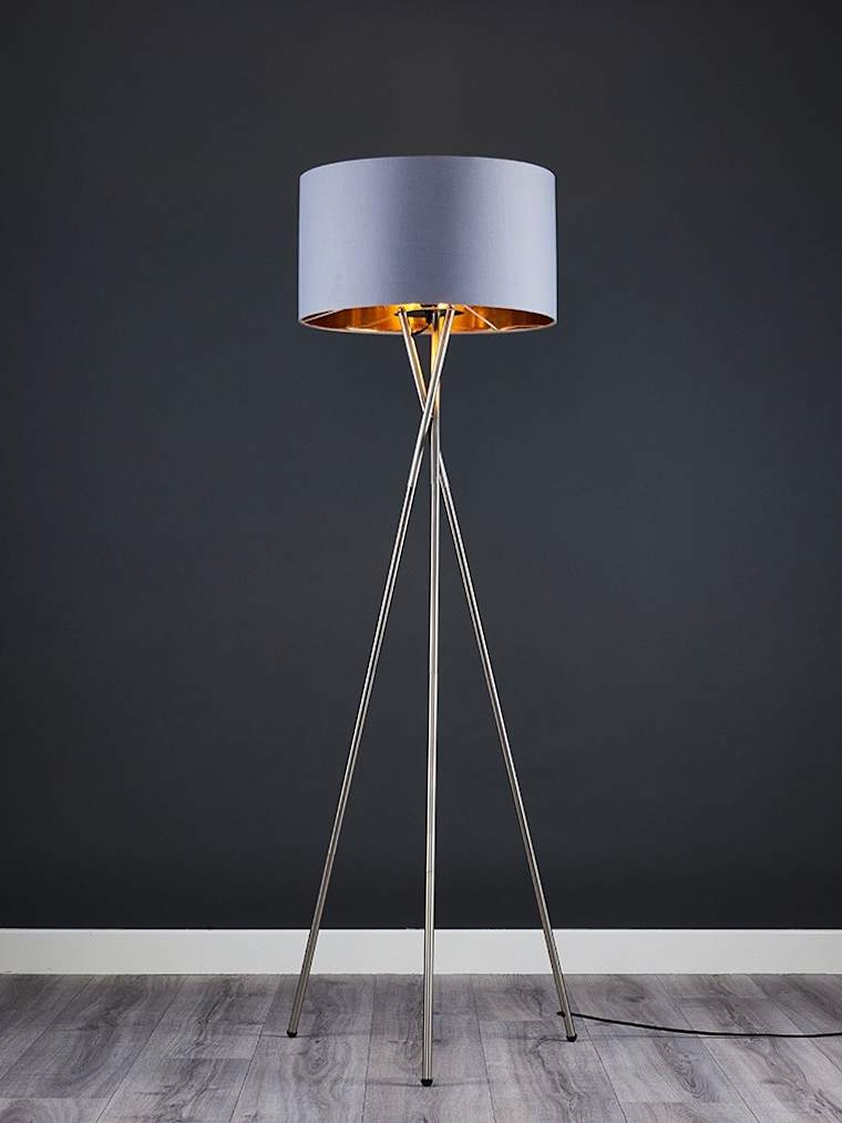 Brushed Chrome Tripod Floor Lamp with Large Grey and Gold Shade