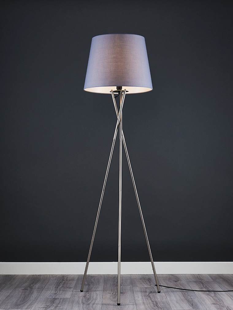 Brushed Chrome Tripod Floor Lamp with Large Grey Tapered Shade