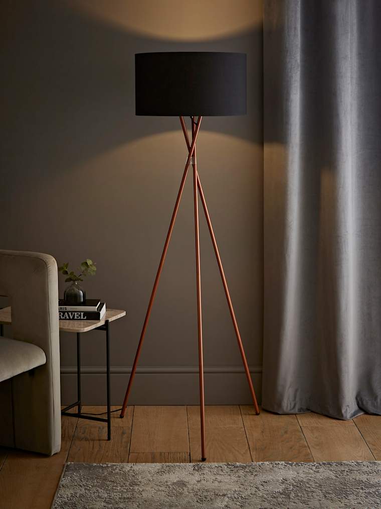 Copper Tripod Floor Lamp with Large Black Shade