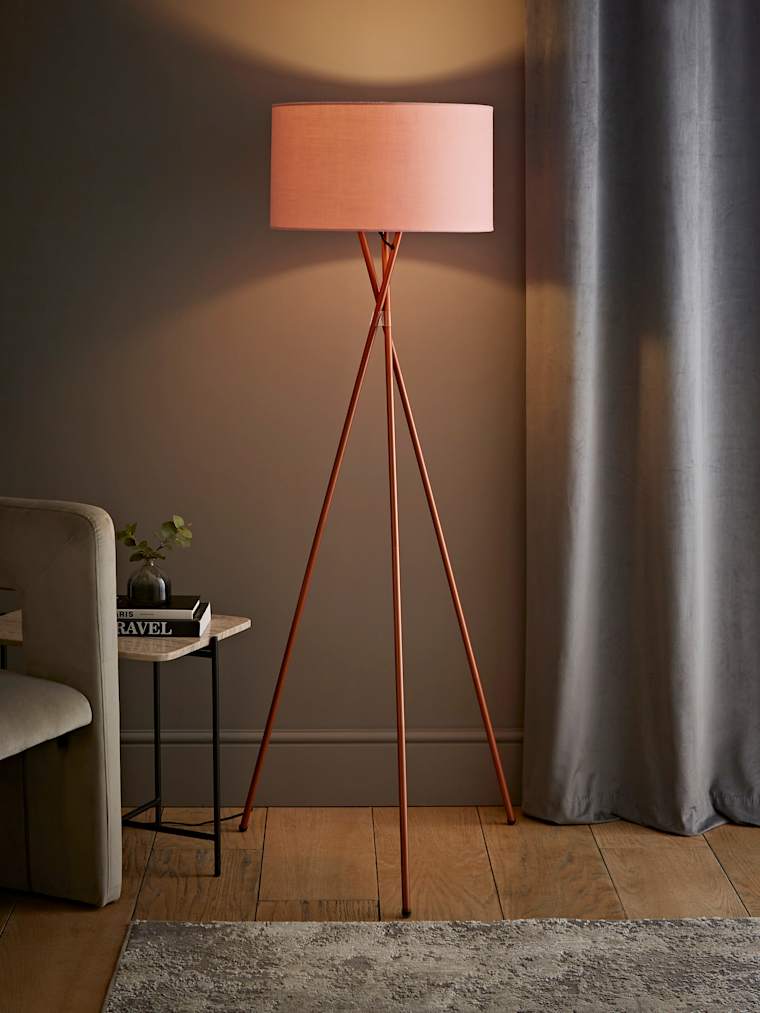Copper Tripod Floor Lamp with Large Pink Shade