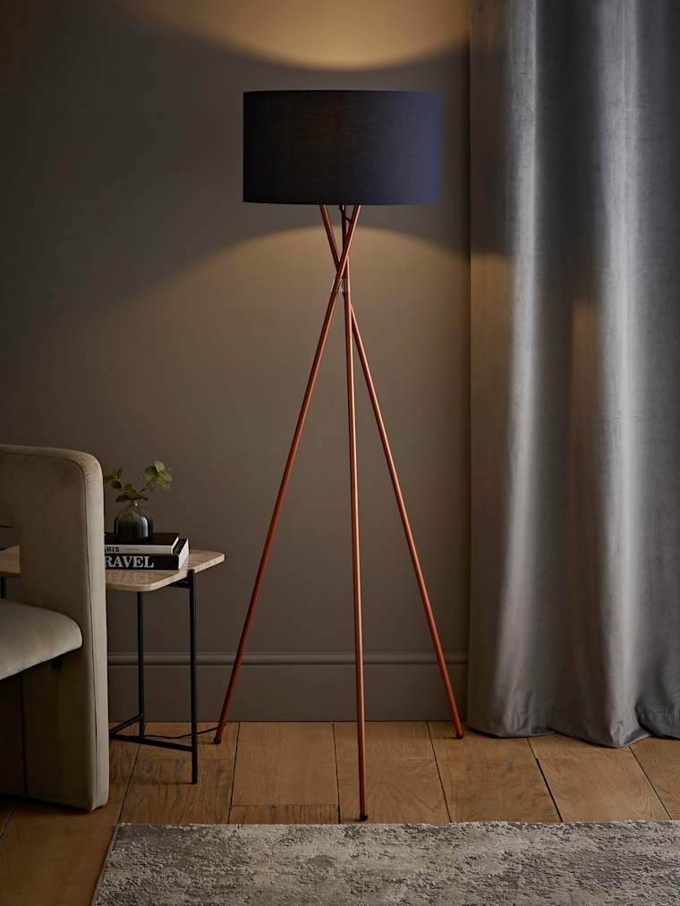 Copper Tripod Floor Lamp with Large Blue Shade