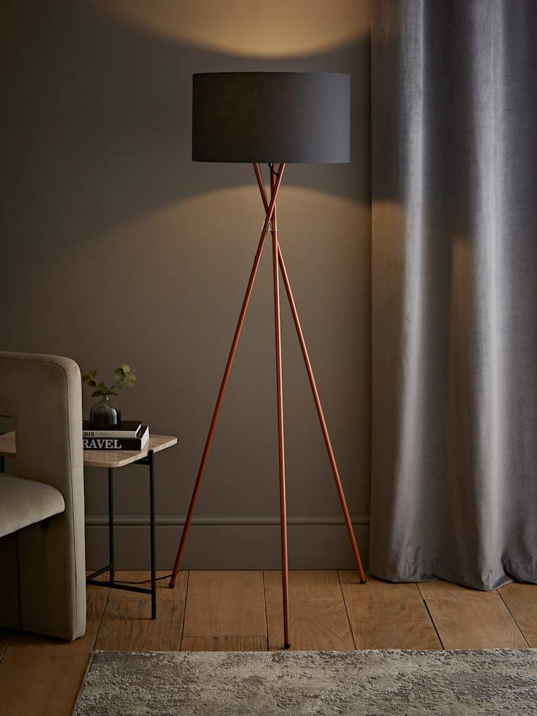 Copper Tripod Floor Lamp with Large Charcoal Shade